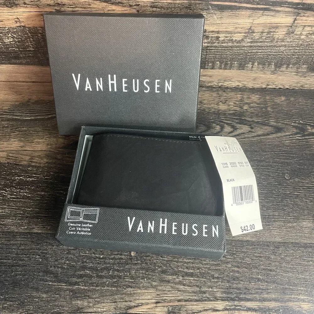 Van Heusen Men's Genuine Leather Bifold Wallet Black New With Original Box